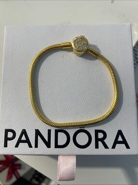 Pandora Gold Tone Snake Chain Bracelet with Pavé Circle Clasp